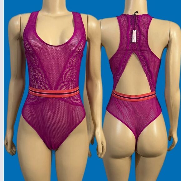 Victoria’s Secret Sheer mesh & lace teddy magenta Large - Picture 2 of 4